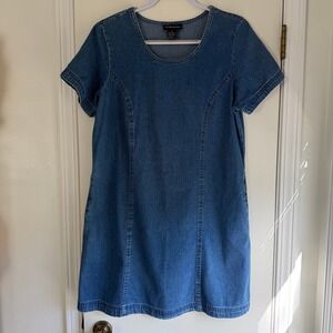 Boston Classics Women Blue Denim Short Sleeve Shift Mini Dress with Pockets Sz 8